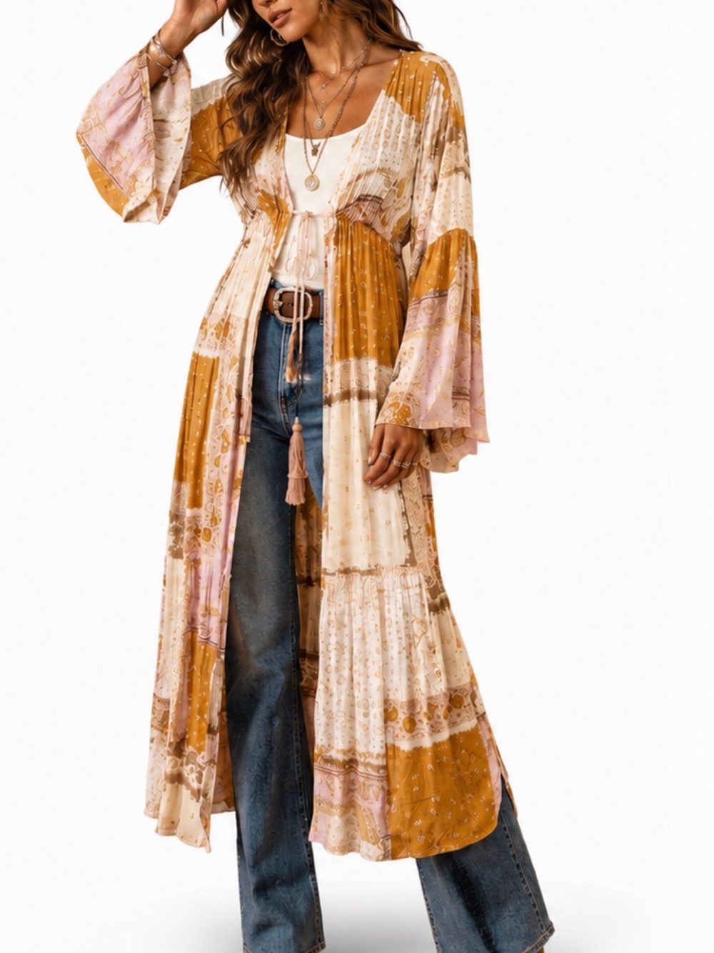 Dress Forum Boho Patchwork Paisley Maxi Kimono Duster Bell Sleeve S NWOT